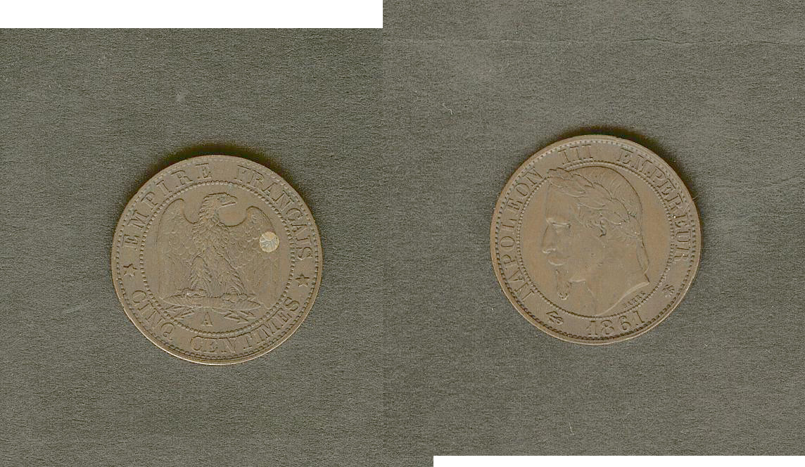 Cinq centimes Napoléon III, tête laurée 1861 Paris TTB+ à SUP